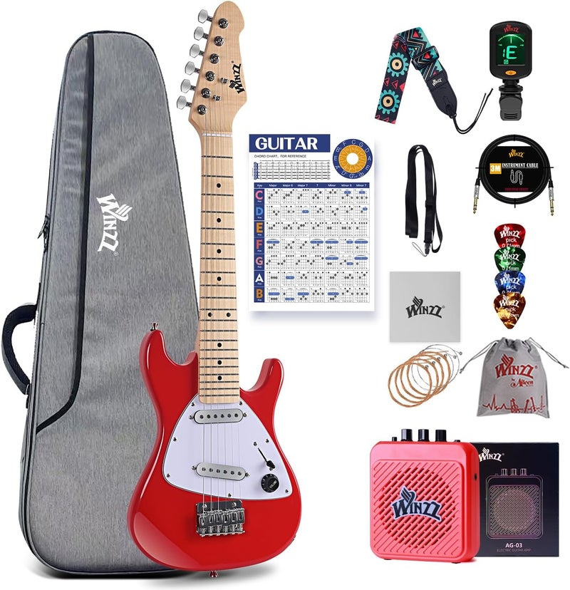 Winzz 30 Inch Kids Electric Guitar Beginner Kit, Junior 1/4 Size Mini Electric Guitar for Children Complete Stater Set with Amp, Gloosy Red Colour - Image 1